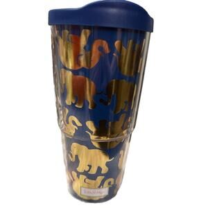Lilly Pulitzer Plastic Travel Tumbler Cup Blue & Gold Elephants 16 oz Hot Cold
